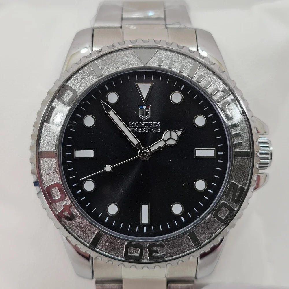 Montres Prestige MPW-0267 Mens Watch Black Dial Stainless Steel‎ Diver Style NEW